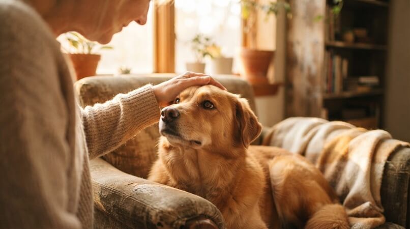 Mão de uma pessoa apoiada suavemente sobre a cabeça de um cachorro golden retriever, que olha para cima com olhar calmo e grato. A cena tem luz dourada entrando por uma janela, criando uma atmosfera acolhedora — como os filme bons para assistir sobre afeto silencioso.