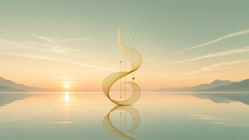Ilustração minimalista de um horizonte sereno com escultura dourada abstrata. Imagem criada com auxílio de IA para o portal Arte e Felicidade.