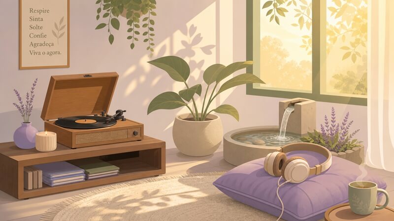 Playlist de serenidade: canto aconchegante com vitrola, fones de ouvido e fonte de água para relaxar.
