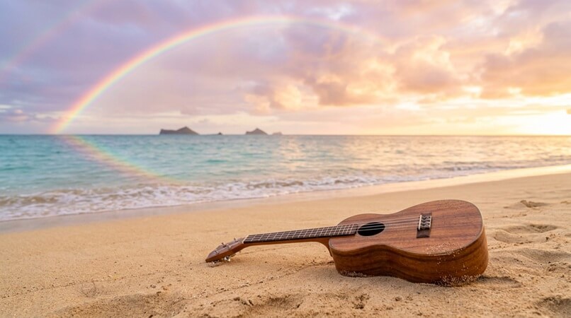 Ukulele na areia da praia ao entardecer, com arco-íris no céu e mar calmo — imagem que evoca a serena interpretação de "Somewhere Over the Rainbow" por Israel "IZ" Kamakawiwo'ole. Atmosfera pacífica e contemplativa.