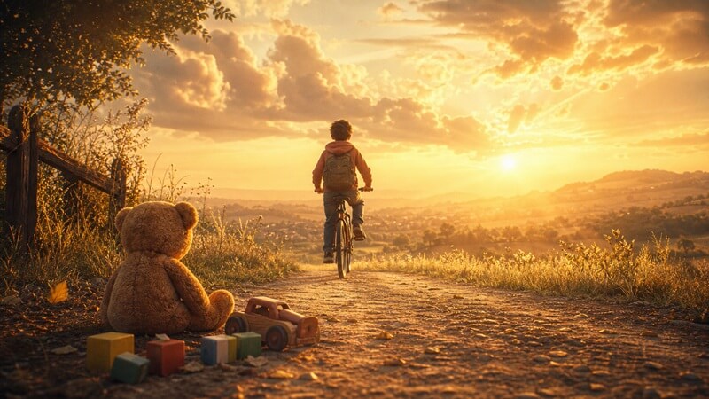 Criança de bicicleta deixando para trás brinquedos antigos, ilustrando a coragem de deixar ir ensinada no filme Toy Story.