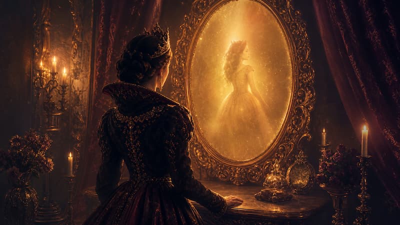 Ilustração da Rainha Má diante do espelho, refletindo a luz dourada da grandeza que ela já não enxerga em si.