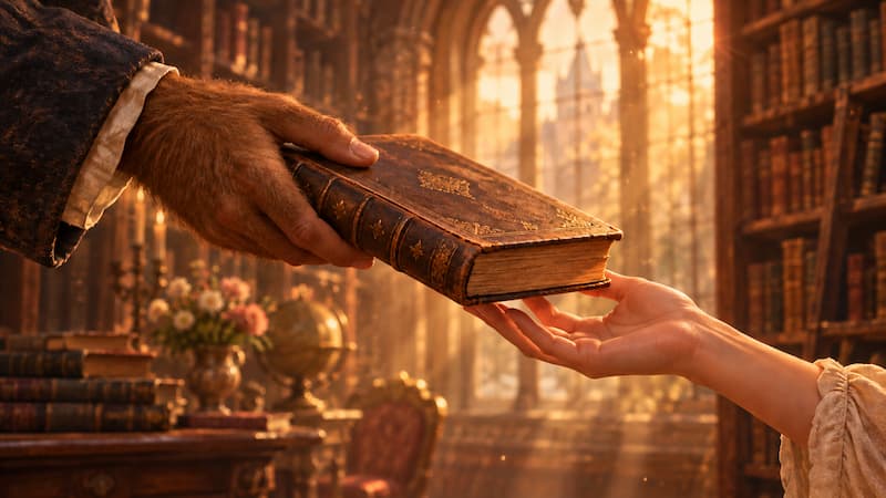 No filme A Bela e a Fera, duas mãos se encontram sobre um livro antigo em uma biblioteca de castelo banhada por luz dourada, uma oferecendo e outra recebendo. O gesto de quem aprende a respeitar e valorizar o que o outro ama.