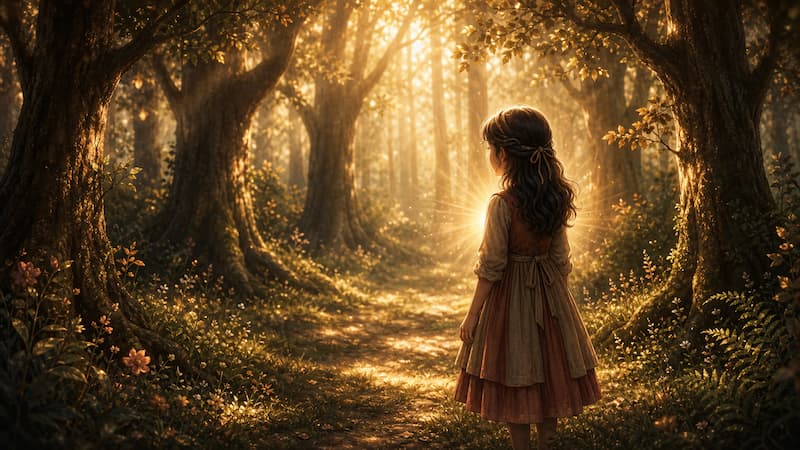 Criança em uma clareira iluminada pelo sol, vista de costas, com um brilho dourado suave irradiando do peito. A imagem representa a protagonista da história da Branca de Neve e a beleza que vem de dentro.