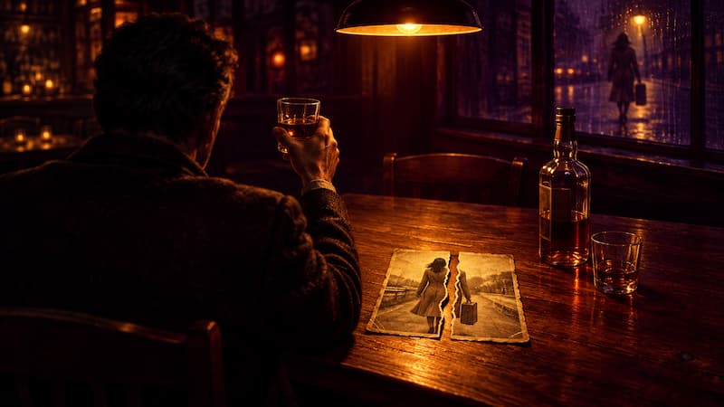Homem em um bar antigo, visto de costas, brindando sozinho com uma fotografia rasgada sobre a mesa, enquanto a silhueta de uma mulher que parte se reflete na janela escura. A vingança silenciosa de um amor que não se completou.