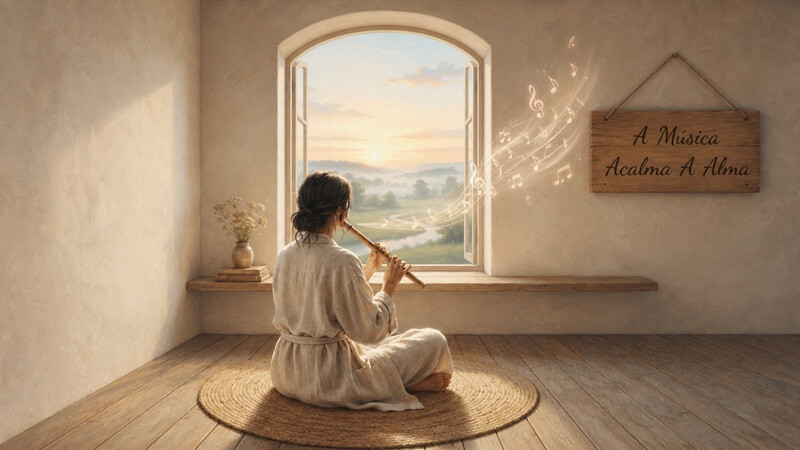 Pessoa sentada em paz à janela ao amanhecer, com uma flauta nas mãos e notas musicais subindo na luz dourada, no momento de pausa que a música para relaxar abre.